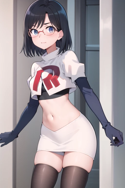 masterpiece, best quality, highres, aamii, short hair, black hair, blue eyes, glasses, team rocket,team rocket uniform,white skirt,red letter R,crop top,black thigh-highs,black elbow gloves, cowboy shot,