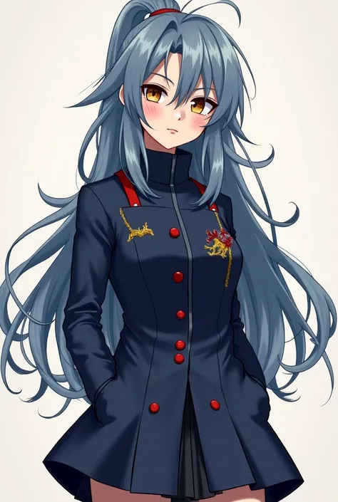  She is a brunette sorceress who wears the official uniform of the Jujutsu School :  a high-neck navy coat ,  with red buttons and dragon details embroidered on the fabric .  The skirt matches the jacket ,  and she always completes the look with long dark ...