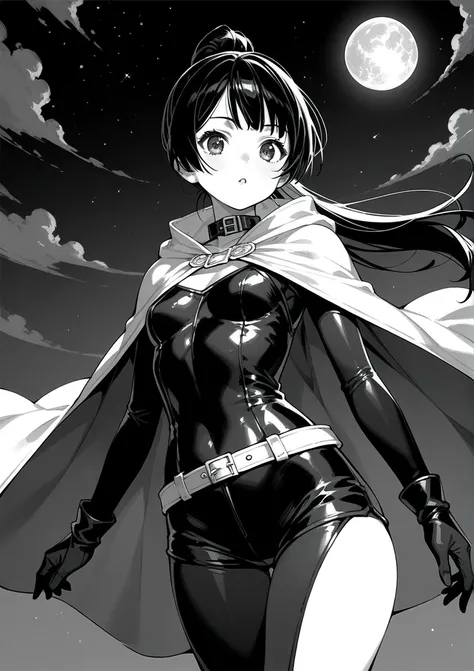 core_9,score_8_up,score_7_up,score_6_up, face, solo, 1Girl, (long hair), small breasts, (anime), blunt bang, pose, ponytail,((sexy)), black hair, (black tight suit), cape, jewelry, medieval, collar, ((mini shorts)),monochrome, lineart, (manga), (straps), b...