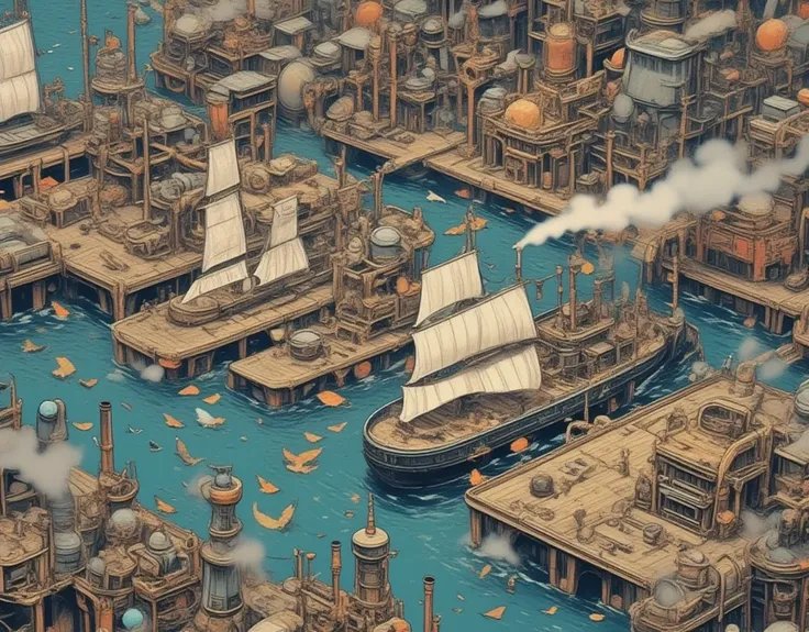 sometric graphics, sailing ships, steam ships, steampunk