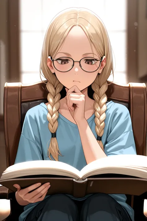 (cinematic lighting, masterpiece, 8k, incredibly_absurdres, soft_focus, front_view, ), BREAK, (1girl, blonde, pigtail braids, hazel brown eyes, fair skin, petite body, thinking, reading_glasses, ), BREAK ( livingroom, sitting on chair, reading_book, studyi...