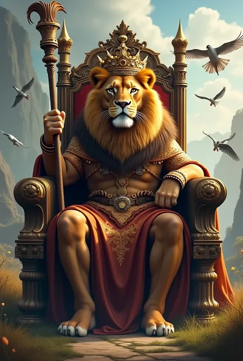 Create a lion sitting on the throne with a crown on his head and king's cedar in his hand and elegant royal outfit with birds flying around in a wild setting 