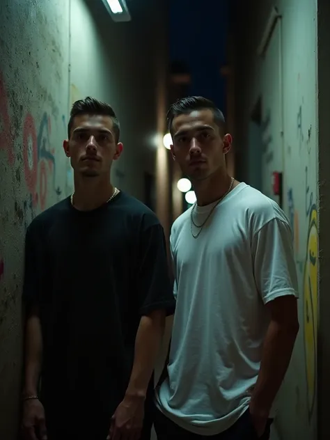 2 guys in a dark alleyway at night and the alley way is narrow and is dirty with alot of paint and the 2 good looking guys are wearing a white and black oversized t shirt and they are looking bak at the camera and the camera is very close and focused on th...