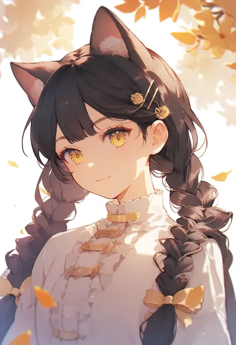 1girl, cute, pretty, brown hair, long hair, braids hair, hairpin, cat ears, yellow eyes, white outfit, aesthetic