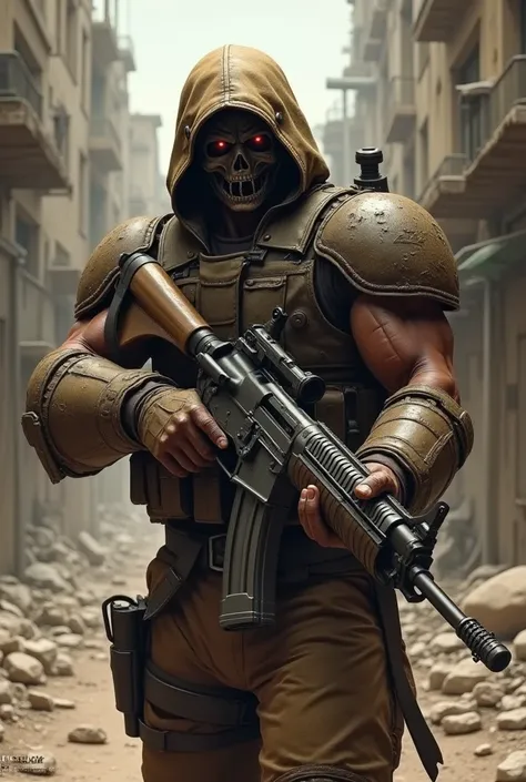 Mercenário in brown armor and metalhead mask with Uzi in his hand