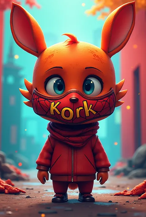 Image with animated character with face masks and logo named Kork