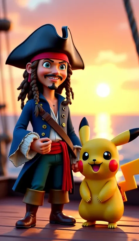 Pixar-style 3D image featuring a pirate Charismatic Jack Sparrow with a mischievous smile, reminiscent of a classic adventurer with a tricorn hat, braided hair and a colorful outfit. Next to him is an adorable yellow Pikachu Pokémon with glowing cheeks and...