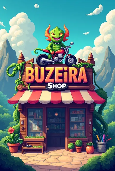 Design a cover for a store to put in a game, Enter the name Buzeira Shop, in game format, com motos e mandrakes