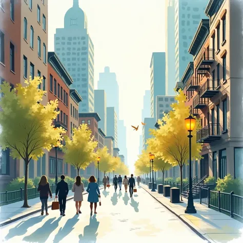 a soft whimsical 2d watercolor illustration of a modern city street like new york city