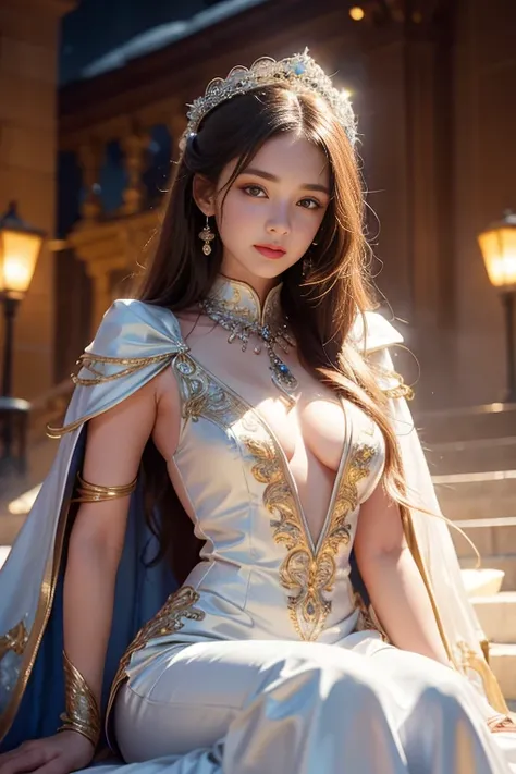 8K ultra hd, masterpiece,1 girl, ((realistic face)), detailed eyes, ((very long hair)), flowing hair, small breasts, royal dress, decorated dress, white dress, anitque jwellery, detailed lacing, flowing cape, bare navel, moon light, amazing night outdoor, ...