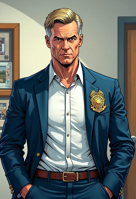 Create a comic-style illustration of a man in his thirties with slightly short blonde hair with a hint of gray, wearing a white shirt and a blue blazer, resembling a police chief so also a police badge. His hands rest firmly in his pockets, exuding authori...