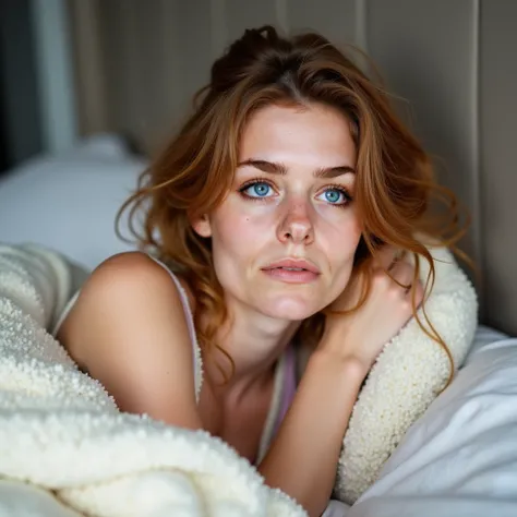 Une belle jeune femme rousse aux seins moyens et aux yeux bleus, allongée sur un canapé moelleux ou un lit dans un studio lumineux. Elle porte un pyjama pastel, entourée de coussins et d’une couverture en laine. Son expression est détendue, presque endormi...