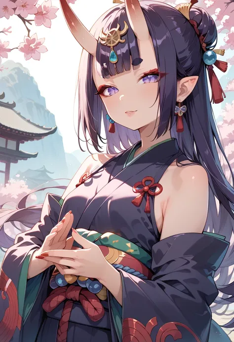 ((masterpiece, best quality, ultra detailed, high resolution, detailed facial description, perfect hands, perfect eyes)), (1 woman, solo), (oni, Shuten Doji, oni horns), (purple long hair, blunt bangs), (purple eyes, slit pupils, red eyeliner, round eyebro...