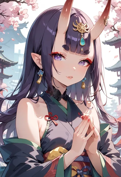 ((masterpiece, best quality, ultra detailed, high resolution, detailed facial description, perfect hands, perfect eyes)), (1 woman, solo), (oni, Shuten Doji, oni horns), (purple long hair, blunt bangs), (purple eyes, slit pupils, red eyeliner, round eyebro...