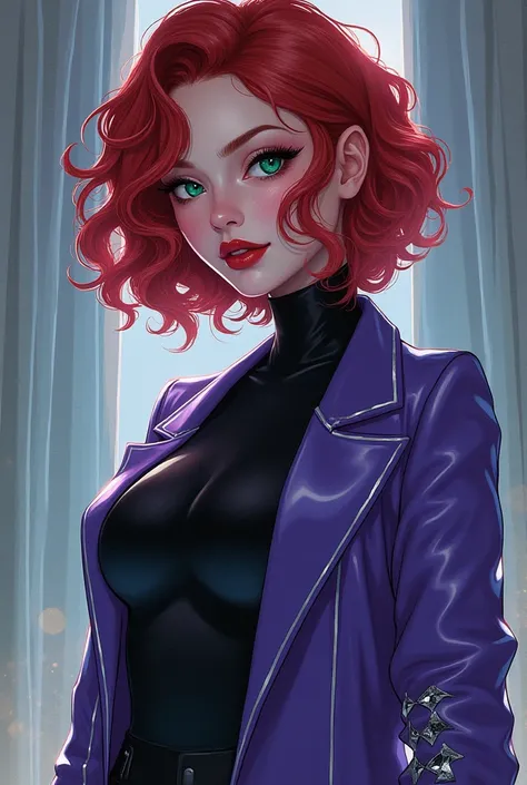 She is an extravagant looking but beautiful and sensual woman with short, shoulder-length red hair and curly hair.,  her hair hangs on the right side ,  shiny jade green eyes with violet gradient like flashes of an aurora in the night sky ,  long eyelashes...