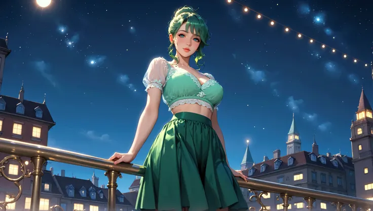 "A dreamy woman standing on a rooftop balcony under a starry night sky, wearing a flowing skirt and a lacy crop top. Her ombre green hair shimmers under the soft glow of fairy lights wrapped around the railing. Below, the city lights twinkle like stars, cr...