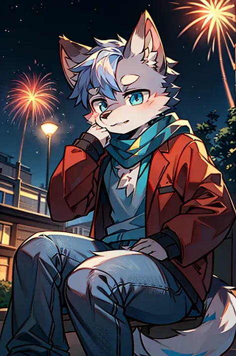 Cartoon style, anime-like cartoon, ultra high detailed, 2k, clear detailed, ultra resolution. furry, furry only. Wolf, anthro wolf, no hair, big and fluffy tai. He wearing a jacket, blue jeans and scarf staying in a park, sitting on chair. He is watching f...