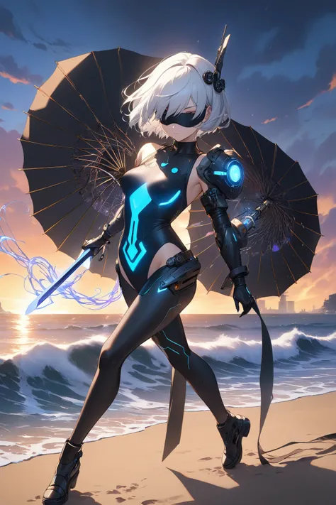 Hyper-detailed digital painting of **2B from NieR:Automata** in a sleek, futuristic swimsuit blending cyberpunk aesthetics and high-fashion elegance. The one-piece suit is form-fitting, made of glossy black liquid nanotechnology that shimmers with metallic...