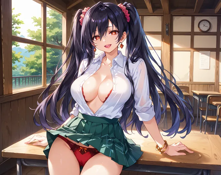 a beautiful girl ,iris heart , black hair with purple tips,detailed red eyes,((big breasts:1.3)), red pupil, twin tails hair, scrunchie, Lipstick, gal, Gal, Compensate,break skirt, shirt, jewelry, school uniform,  clavicle , white shirt,((Front-opening shi...