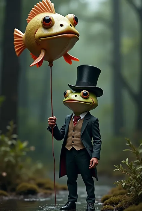 Half-human frog in Victorian clothes holding a balloon shaped like a puffer fish in a natural environment with a dark atmosphere 