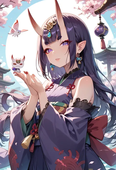 ((masterpiece, best quality, ultra detailed, high resolution, detailed facial description, perfect hands, perfect eyes)), (1 woman, solo), (oni, Shuten Doji, oni horns), (purple long hair, blunt bangs), (purple eyes, slit pupils, red eyeliner, round eyebro...