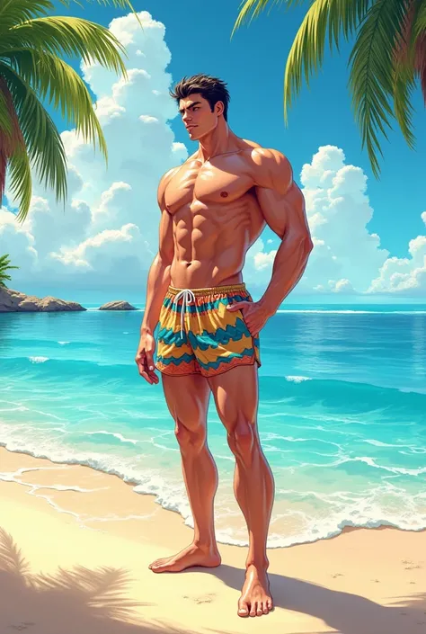 I want an image of Monomasa, But with him on the beach and in swimming trunks