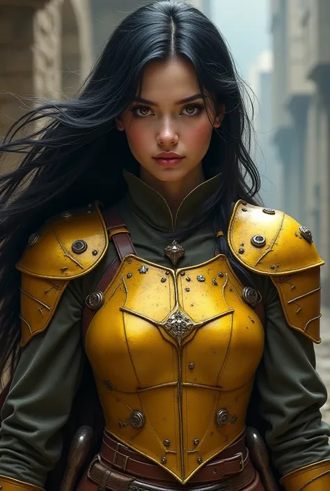 Brunette female character with black hair and yellow breastplate 