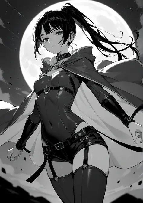 core_9,score_8_up,score_7_up,score_6_up, face, solo, 1Girl, (long hair), small breasts, (anime), blunt bang, pose, ponytail,((sexy)), black hair, (black tight suit), cape, jewelry, medieval, collar, ((mini shorts)),monochrome, lineart, (manga), (straps), b...