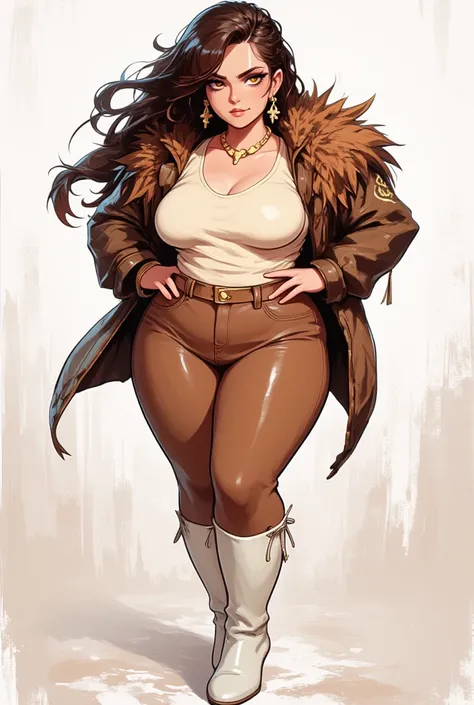 Mature woman, with wavy brown hair, side updo with braids, dressed in a tight cream white t-shirt showing her belly button, brown feather shoulder pads, tight light brown latex pants, white leather boots up to the knee, brown skin, full body, anime version