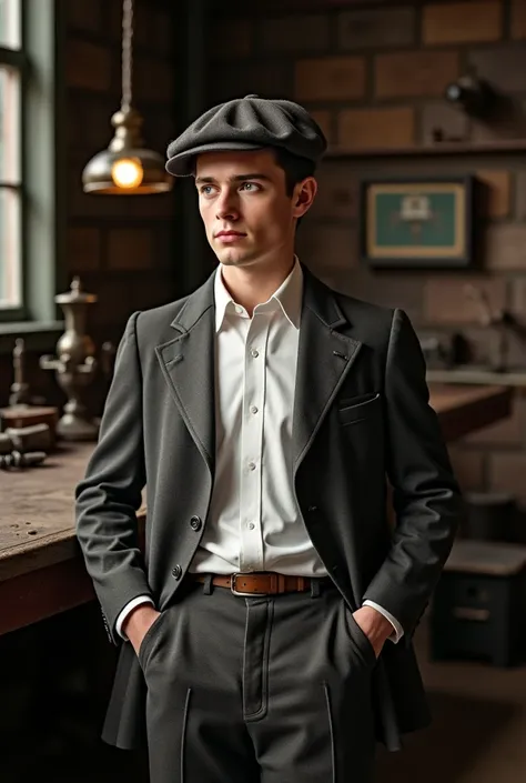 Boy who created Mercedes Benz wearing clothes from 1926 in that year realistic cinematic style 