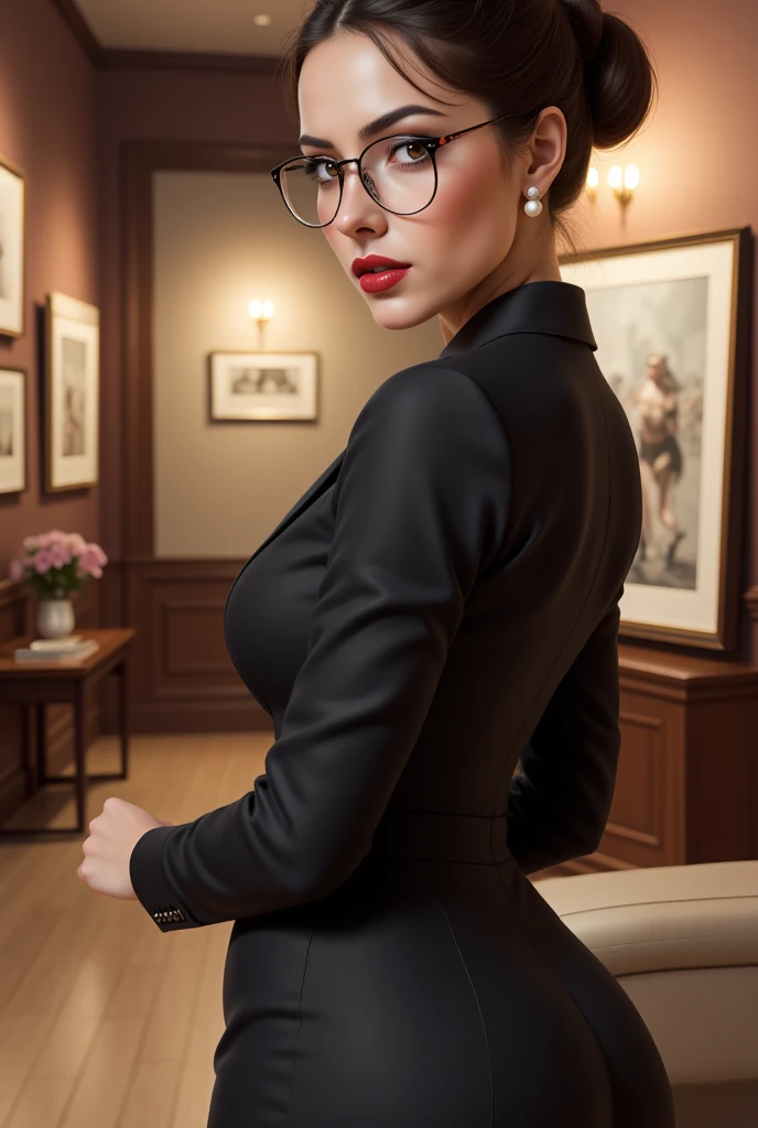 A sophisticated brunette woman with hair perfectly styled into an elegant bun. She has dark brown eyes, full lips with red lipstick, and fair, flawless skin. Her look is elegant: fitted blazer with pencil skirt and classic black heels. She wears pearl earr...