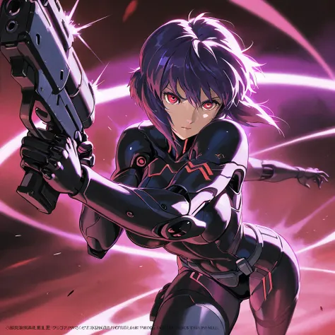 Quality: ((Best quality illustration)), (Excellent), ((Detailed)).
Style: Bruce_Timm style, comic art, fun, humorous, epic, powerful.
Body: kusanagi_motoko, ghost_in_the_shell, 1girl, full_body, purple_hair, red_eyes, dynamic action pose with gun, detailed...