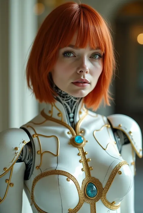 cinematic panoramic photography. sexy android woman in her 30s with red hair ,with short hair,  green eyes , a small spherical blue amulet hangs around the neck on a silver chain.  with a white metal body with gold patterns,  big breasts,  gorgeous rococo ...