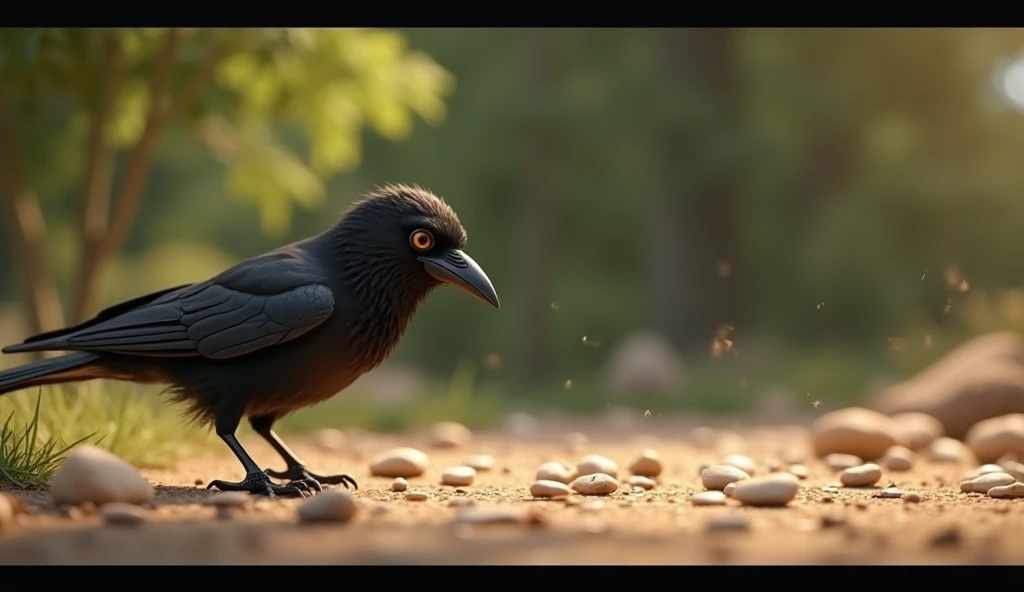 Suddenly, the crow noticed small pebbles scattered nearby. It remembered something it had seen before: when stones are dropped in , 3d animation and disney  pixar