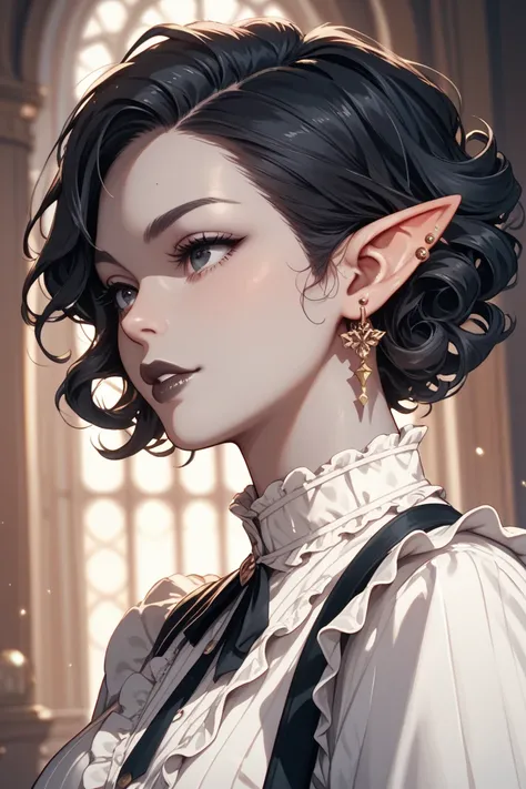 adult elf, gray skin, black eyes, short curly black hair, white shirt with ruffles, dark lips, pierced ears, dark fantasy, masculine