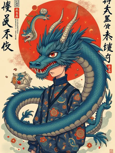 clans de 6 garçon cheveux bleu yeux rouge ecarlate tattoo dragons affiche legend dragons en gros titles Japonais magazine 
ont characteristics tableau niveaux de 100 a 999999 au-dessus de leurs tête en entoure de dieux mythology japonais art 2027.