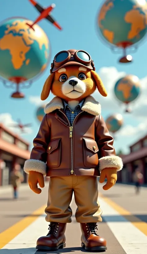 2. Sky Explorer: A **** wearing a vintage-style pilot outfit, featuring a brown leather jacket with faux fur lining, khaki trousers, and an aviator cap with goggles. The runway is decorated with giant globes, maps, and model airplanes hanging from above, c...