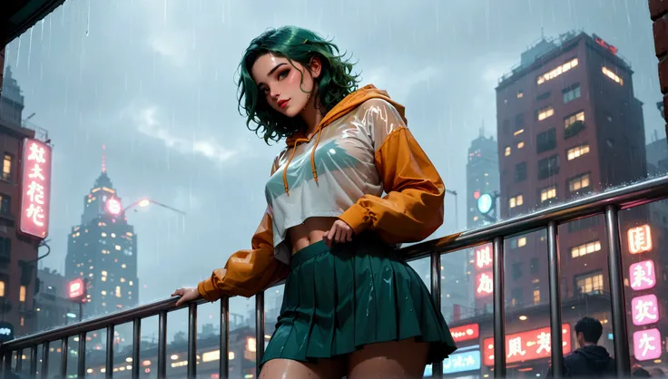 "A reflective woman standing on a glass balcony during twilight, wearing a lightweight skirt and a cropped hoodie. Her ombre green hair shimmers faintly under the dim, rainy sky. She gazes at the city below, where blurred neon lights and wet streets create...