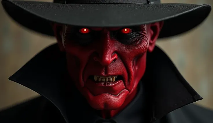 Create the image of a man in a black hat, his face is red like Satan, a realist and creepy image.  