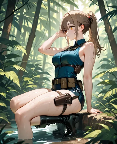 A beautiful white woman, athletic build, medium breasts, medium thighs, brown hair with a ponytail, amber eyes, dressed in a dark blue sleeveless shirt, light brown mini shorts, black military boots, a holster on her thigh, in the jungle, with a wet enviro...