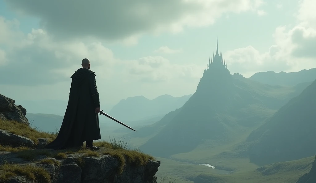 a man in a long black robe standing on a hill with a sword, a screenshot by Alexander Fedosav, trending on Artstation, fantasy art, ultra detailed game art, beautiful epic vista, action rpg video game, epic video game art, game aesthetic, standing in the p...