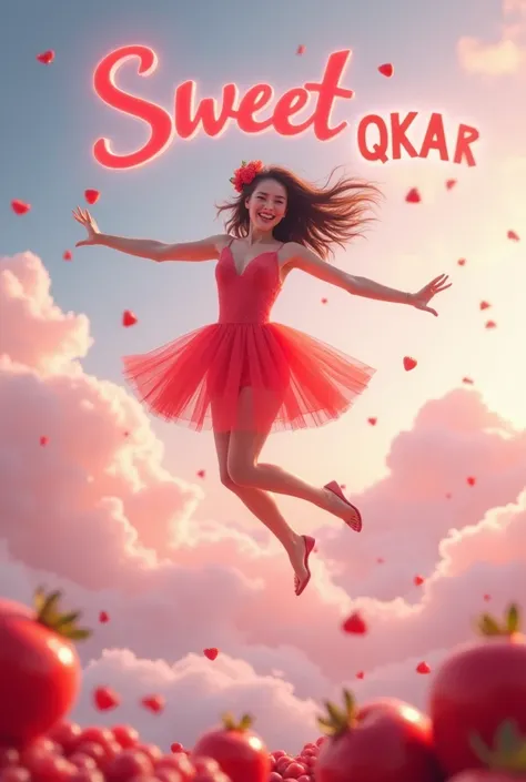 a beautiful Korean woman jumps in the clouds smiling sweetly wearing a short dress of red pink color ombre hair color iridescent color under her a giant red and pink fruit pudding like hovering above it there is an inscription SWEET QKAE text lit up a lot ...