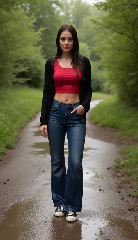 (Full Body Shot, ((woman, soaking wet, dark long hairs,)(wet crop top, red, soaking wet,)(wet sweater, black, soaking wet,)(wet jeans, blue, soaking wet,)(converse, black, soaking wet,)Forest, Heavy Rain,