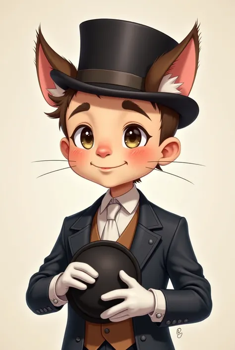 A short man wearing a hat with British cat ears dressed as a gentleman smiles easily with calm eyes holding his hat ,he wears white gentleman gloves 