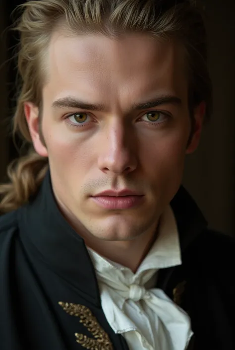  handsome man,Amber eyes, shaved blond hair, Pride and Prejudice style clothing,Look serious and intense. high resolution,  masterpiece, Necessary,  Anatomically correct,  Awarded multiple times,  best quality, detail, HD model, details altos,  High qualit...