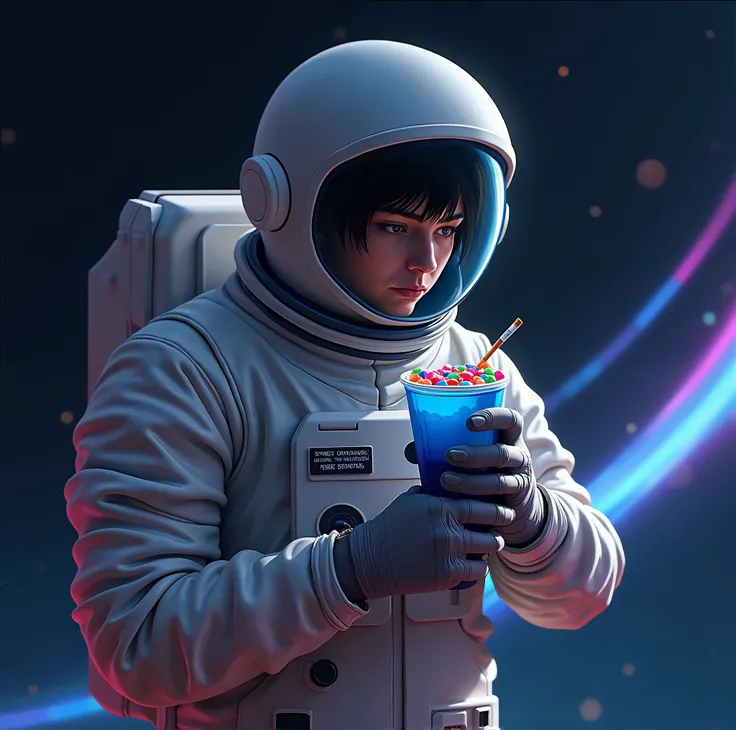  Create an astronaut who holds a plastic cup with a blue drink in his hand, That on the top of the has candies and a cigarette, and that the background has colored lights in space 