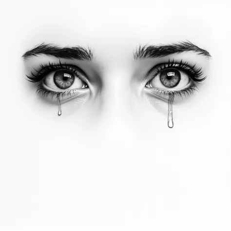 The upper part of the picture is a close-up of two eyes of a 20-year-old young and beautiful British woman on a white background. The eyes are full of tears, and the tears are sliding down the cheeks, showing a sad mood. The eyes are depicted delicately an...