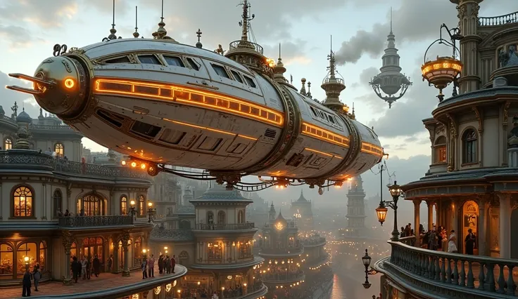 Luxurious steampunk airship with streamlined design in white with orange neon details. Steampunk airship hovers over the central street of a huge steampunk city. Multi-level buildings with cozy light in the windows. Amazing architecture luxurious white and...