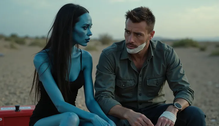 a sexy blue faint alien girl, with deep detailed face, long hair, wearing black dress, sitting with man, confused, a man is injured and a bandage in his hand, mouth closed by bandage, first aid box on the side and a bare land in the background