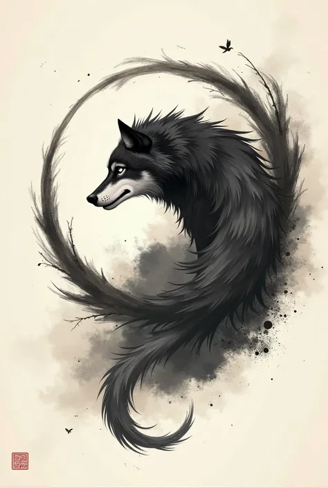 Two-dimensional image, Chinese ink style, of a Wolf representing a Uroboros 